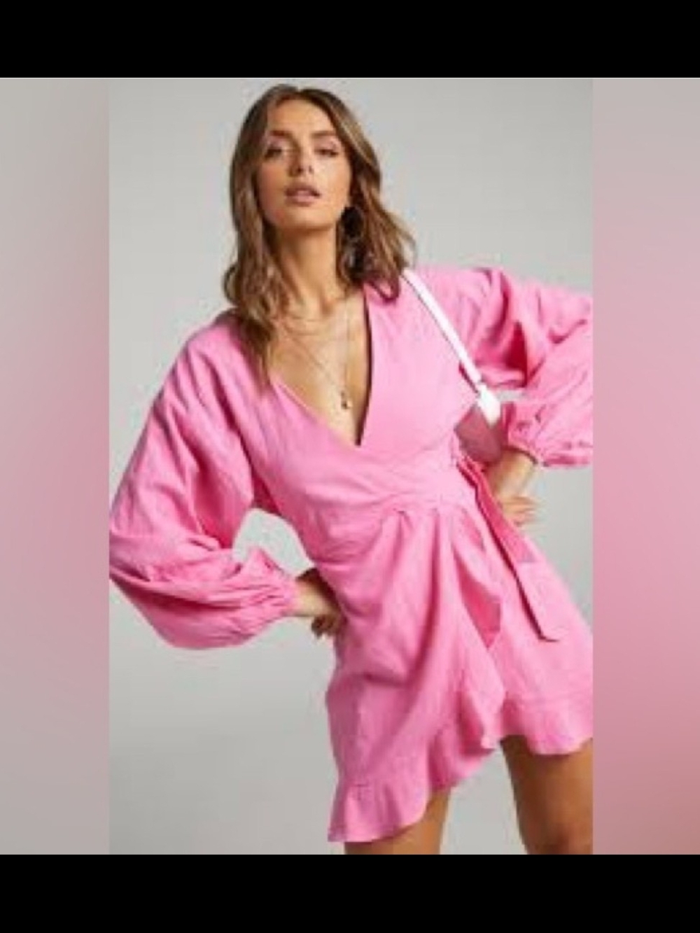 Showpo Bright Pink Wrap Romper with Long Puff Sleeves